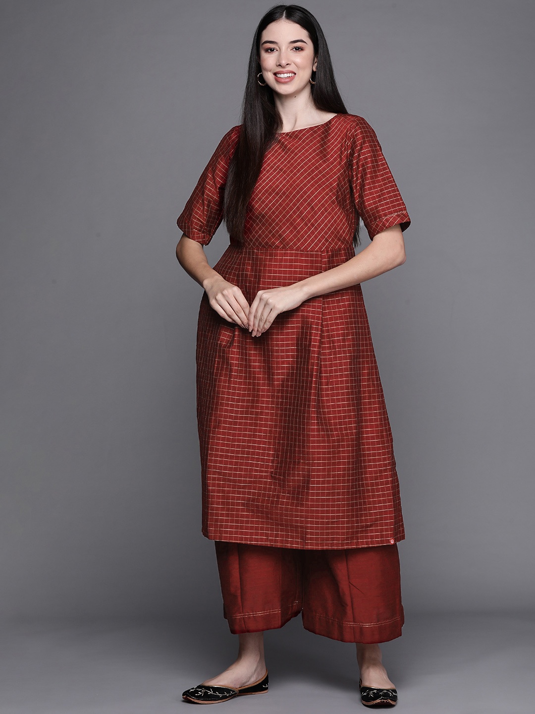 

Biba Women Maroon Checked Kurta with Palazzos