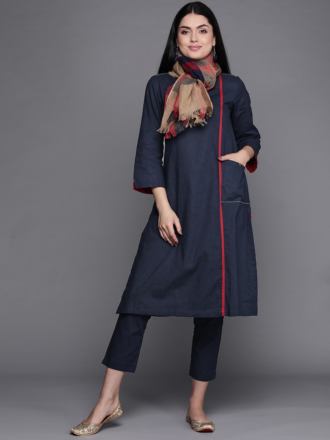 

Biba Women Navy Blue Pure Cotton Solid Panelled Kurta with Trousers & Dupatta