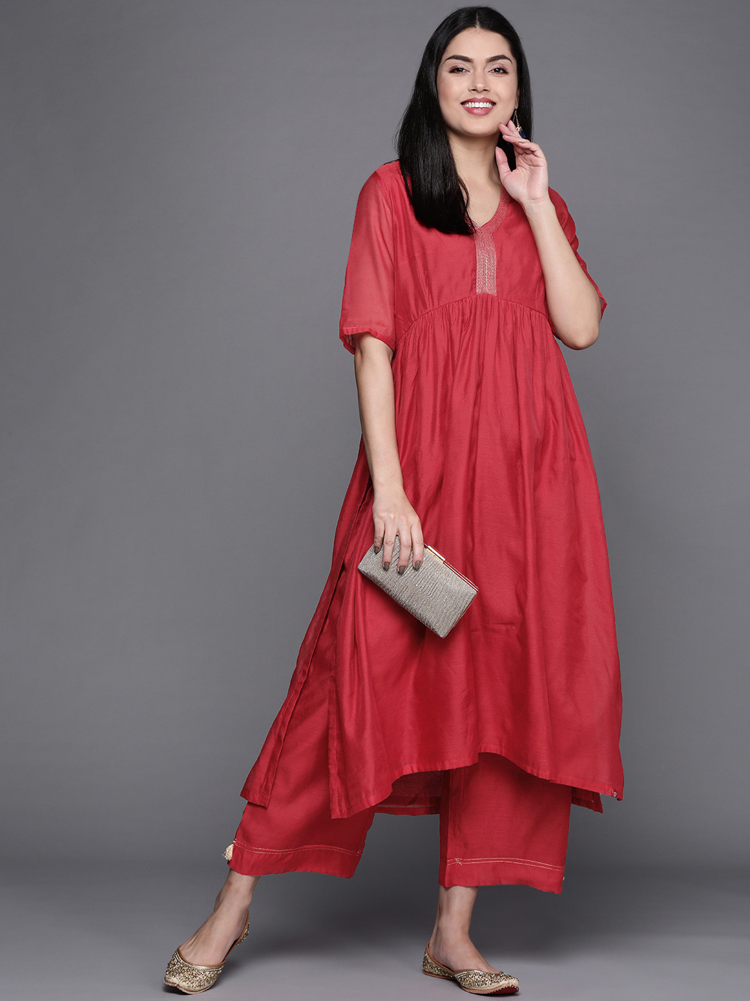 

Biba Women Red Yoke Design Thread Work Kurta with Palazzos