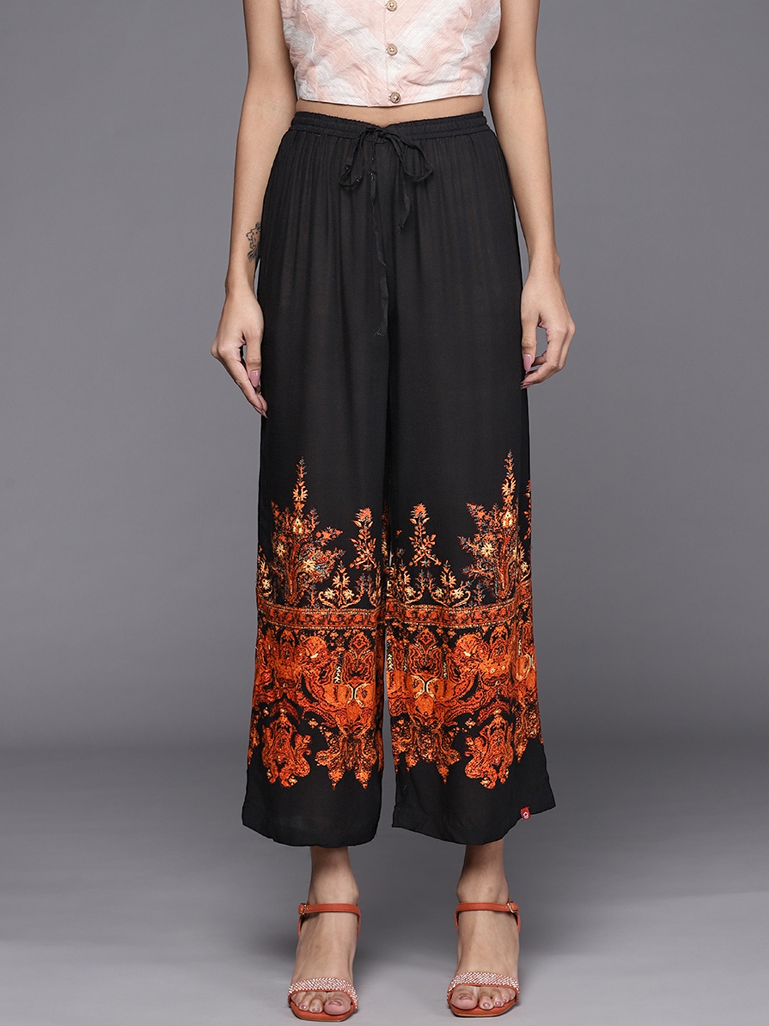 

Biba Women Black & Orange Ethnic Motifs Printed Cropped Ethnic Palazzos