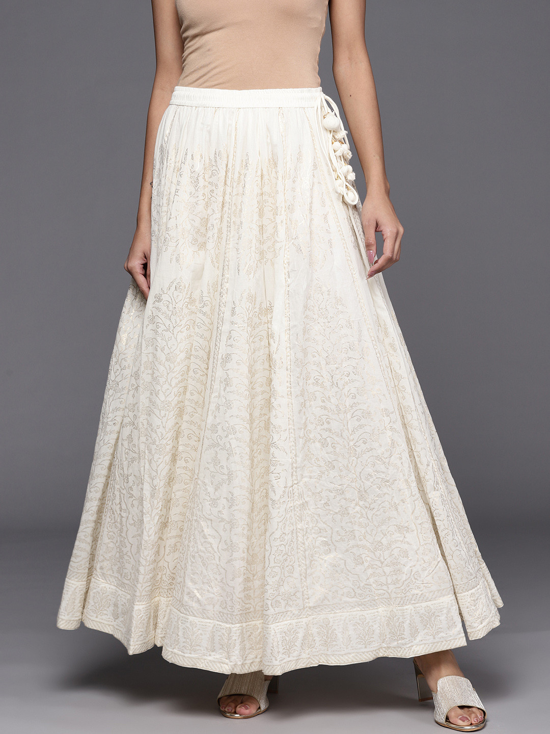 

Biba Women Cream- Coloured & Golden Pure Cotton Printed Maxi Flared Skirt