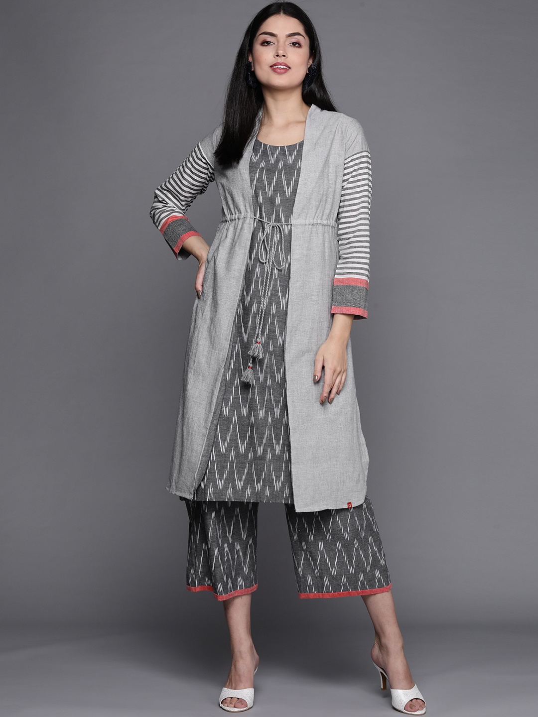 Biba Women Grey Striped Layered Pure Cotton Kurta with Palazzos