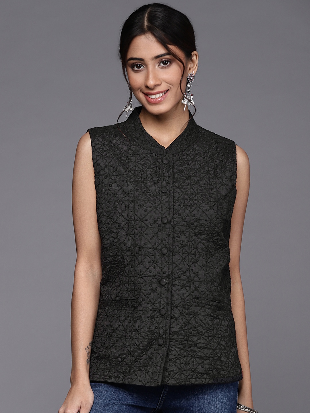 

Biba Women Black Embroidered Tailored Jacket