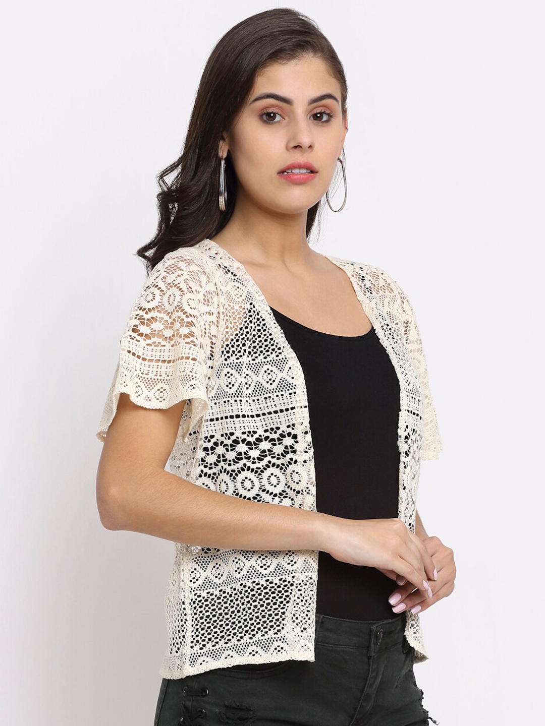 

Rute Women Beige Self Design Regular Shrug