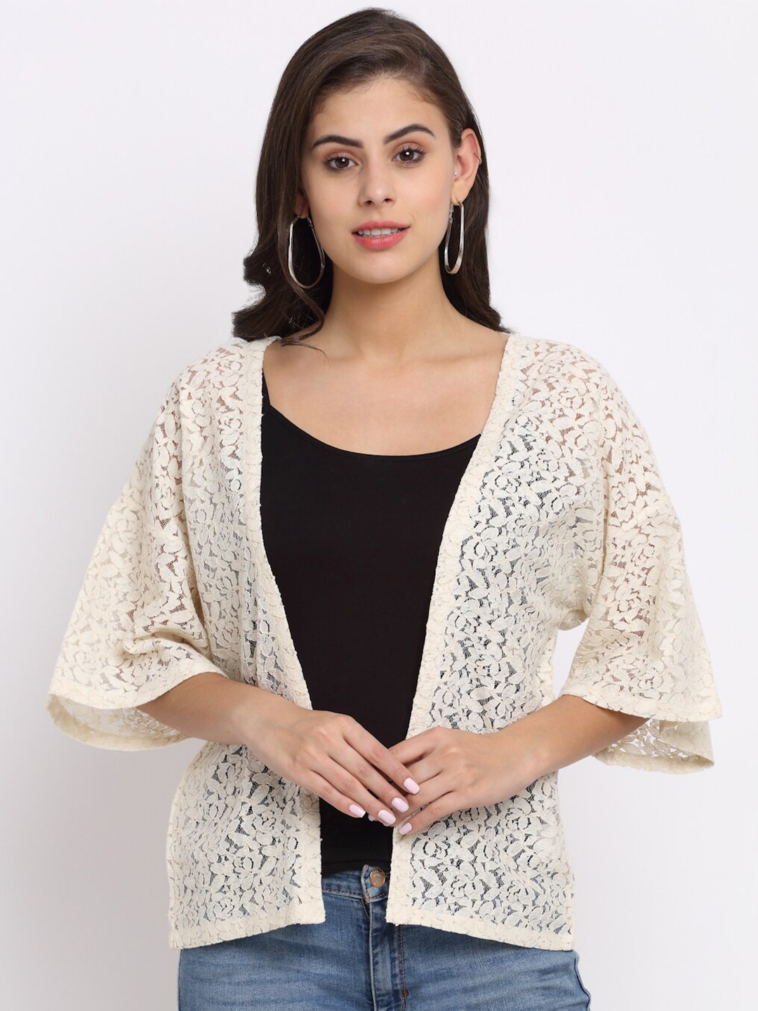 

Rute Women Beige Self Designed Lace Open Front Shrug