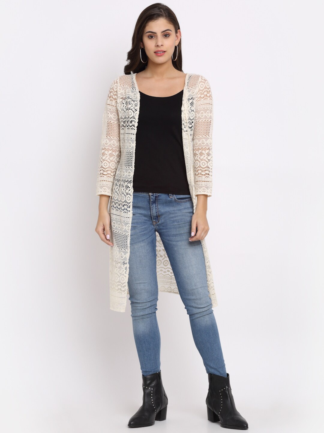 

Rute Women Beige Embroidered Open Front Longline Shrug