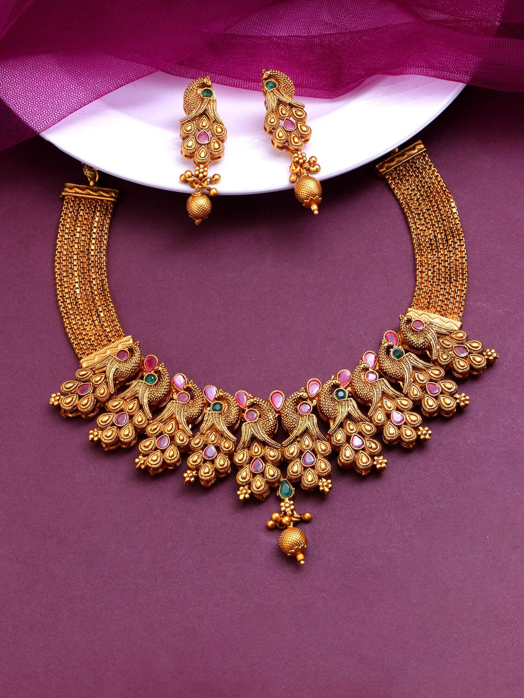 

aadita Gold-Plated Antique Temple Choker Jewellery Set