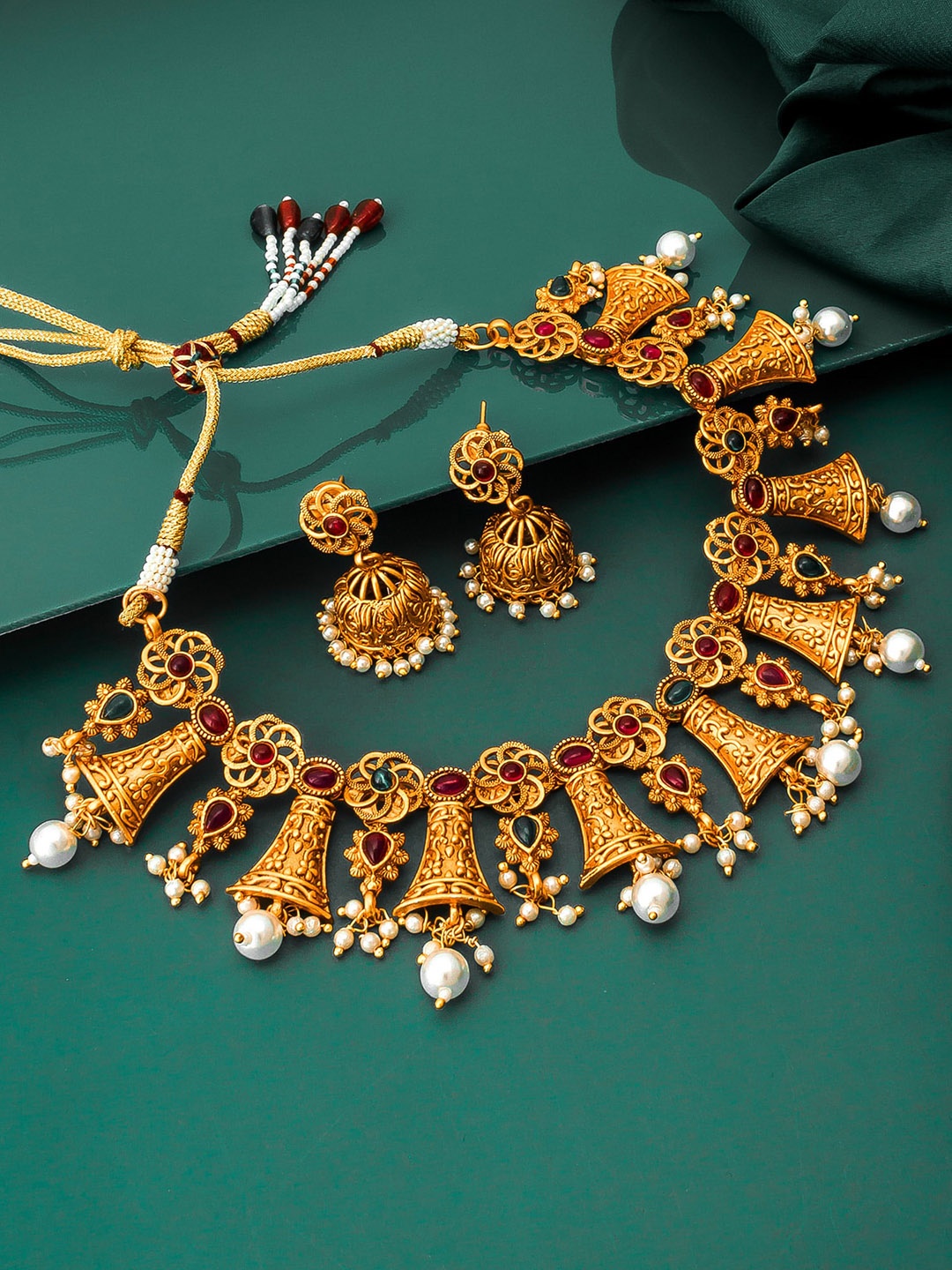 

aadita Gold-Plated White & Red Stone-Studded & Pearl Beaded Handcrafte