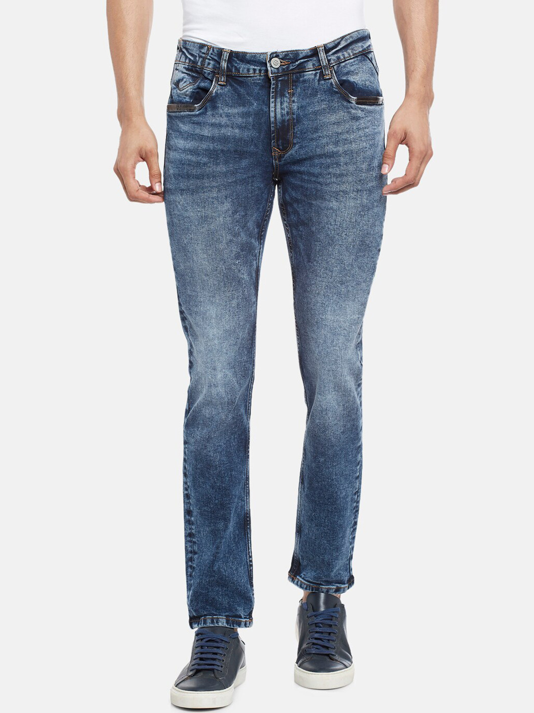 

BYFORD by Pantaloons Men Blue Slim Fit Low-Rise Low Distress Heavy Fade Stretchable Jeans