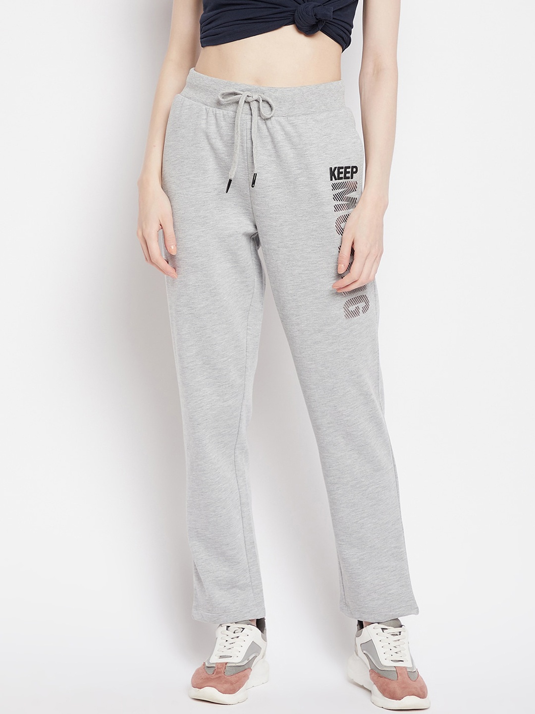 

Madame Women Grey Solid Cotton Straight-Fit Track Pants