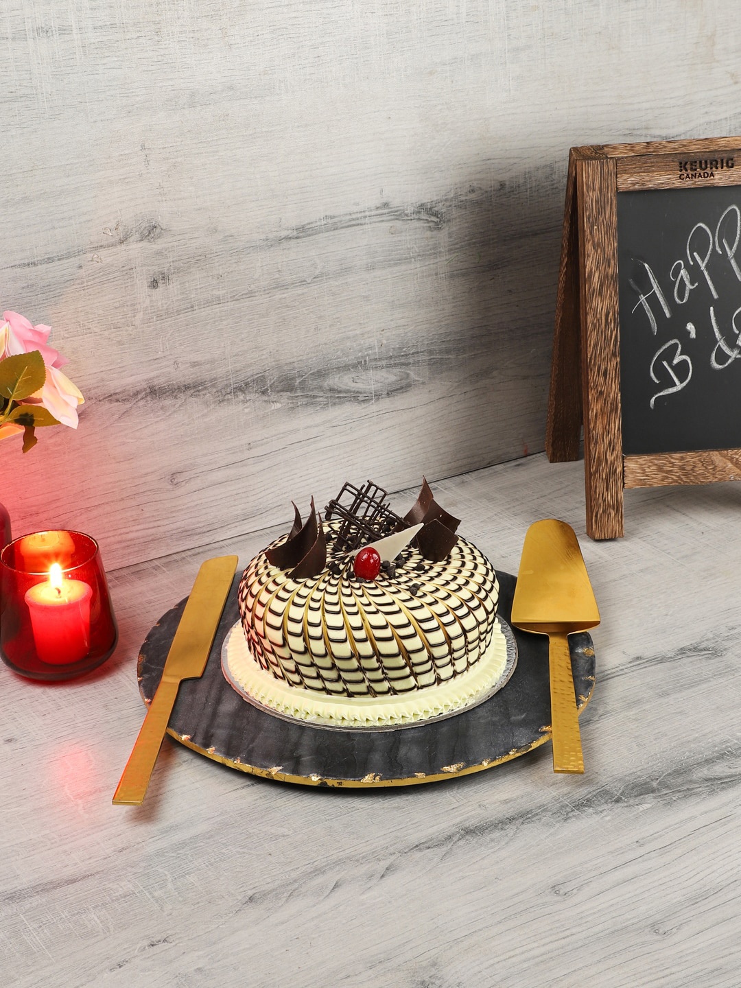

NikkisPride Black 3 Pcs Marble Platter With Gold Finish Cake Cutlery