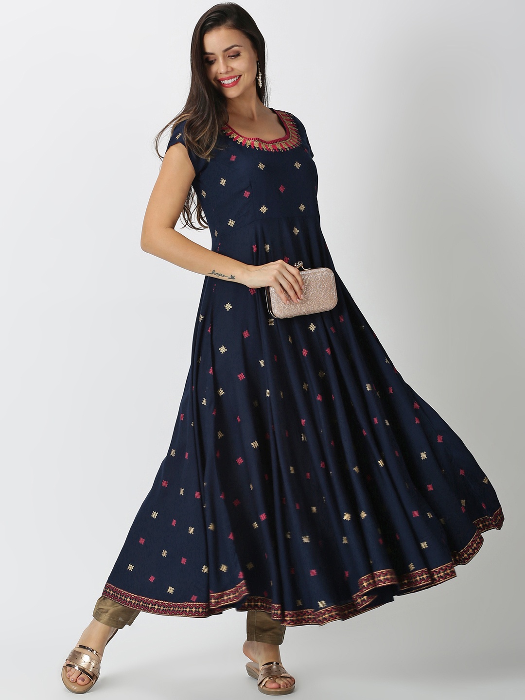 

Saffron Threads Women Navy Blue Woven Geometric Design Anarkali Kurta