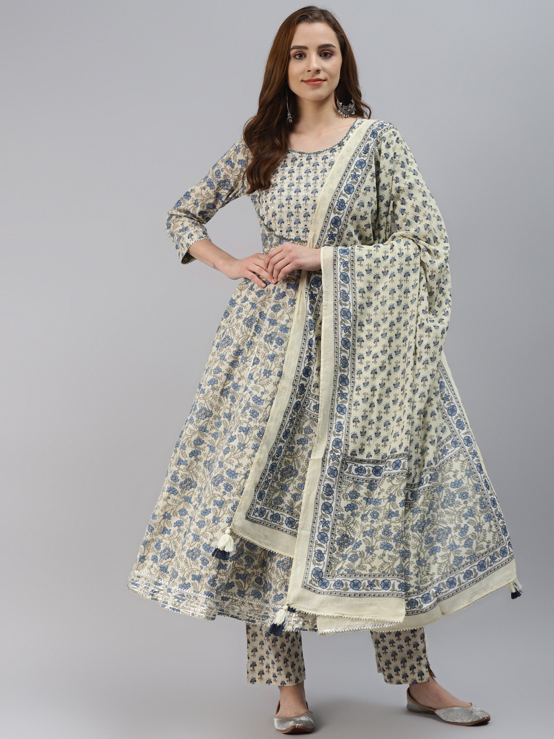 

Divena Women White Floral Printed Regular Pure Cotton Kurta with Palazzos & With Dupatta, Cream