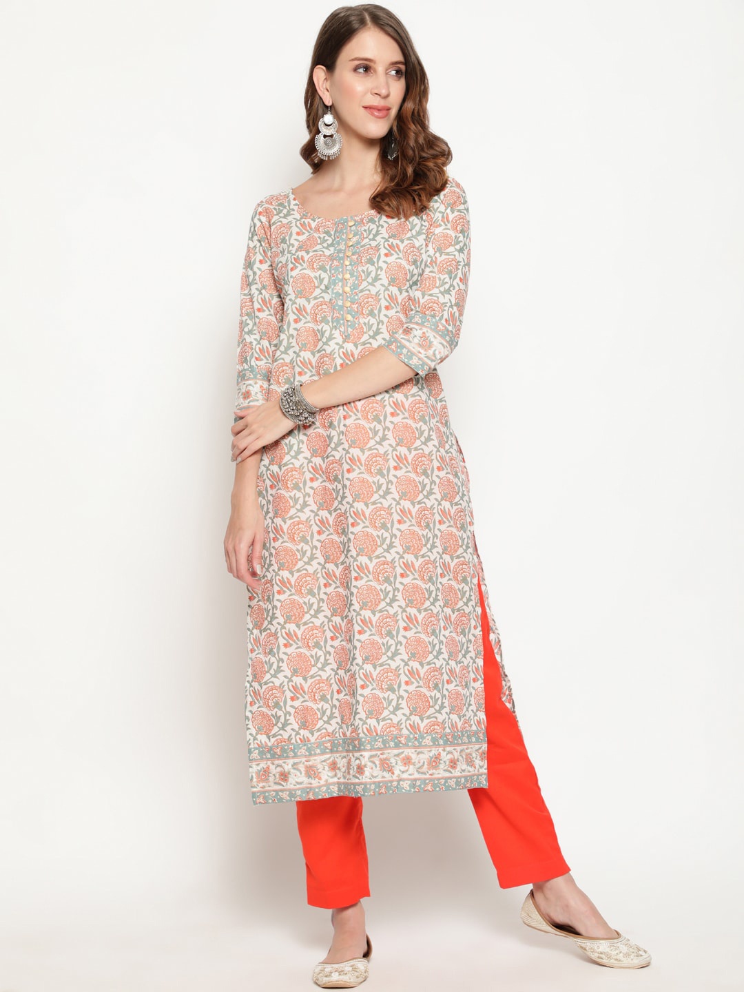 

antaran Women Beige Ethnic Motifs Printed Flared Sleeves Thread Work Kurta