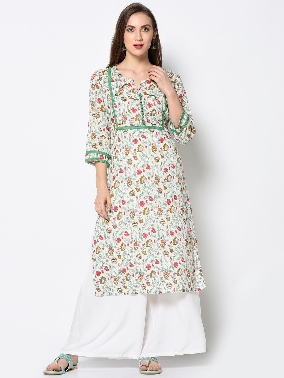 

antaran Women White & Green Ethnic Motifs Printed Kurta