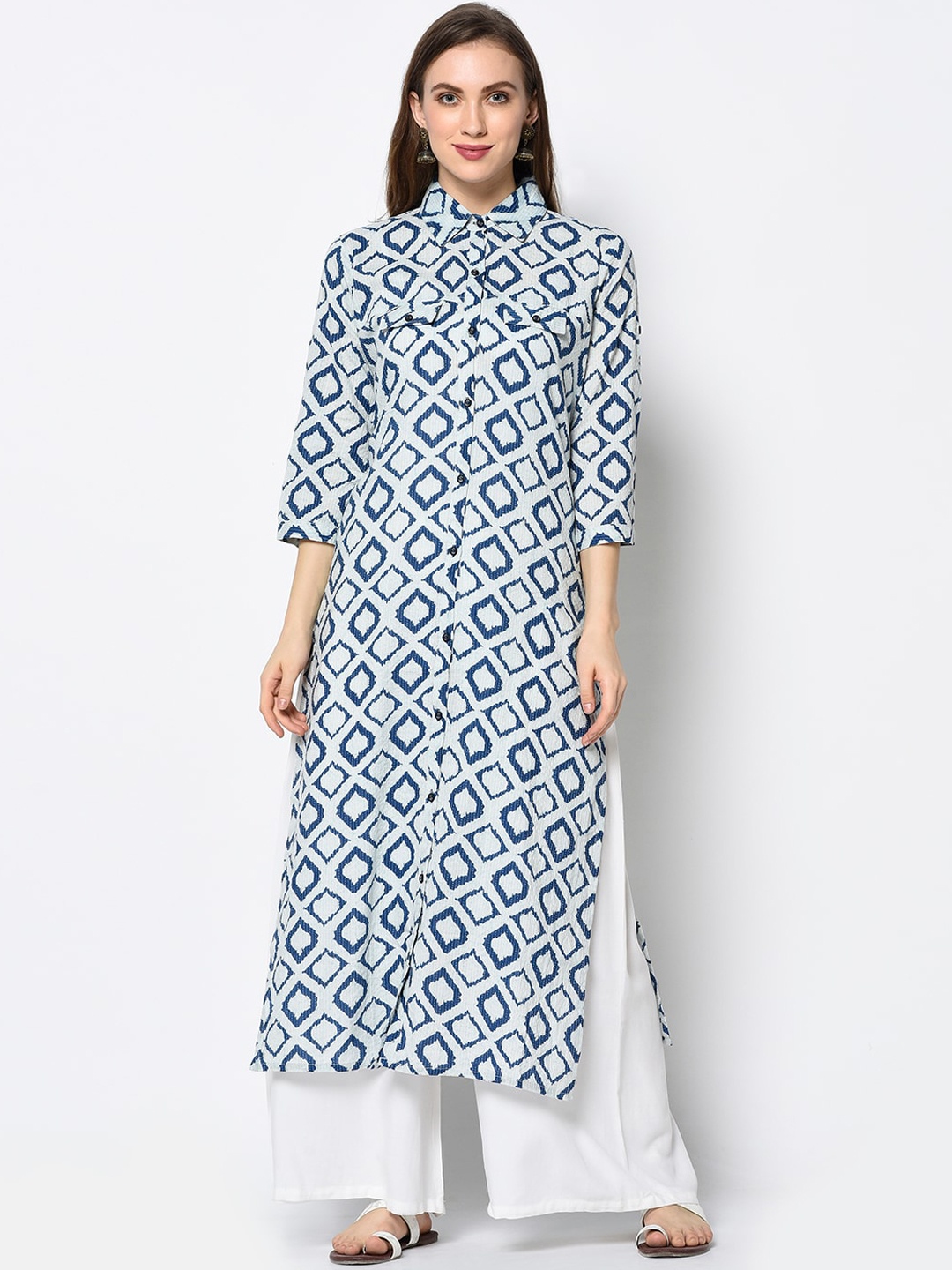 

antaran Women Blue & White Geometric Printed Kurta