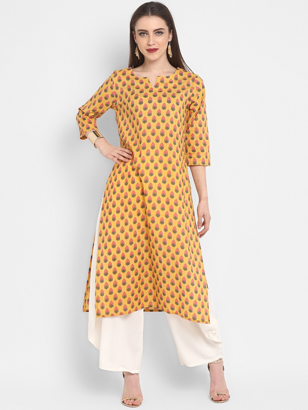 

antaran Women Mustard Yellow & Pink Ethnic Motifs Printed Kurta