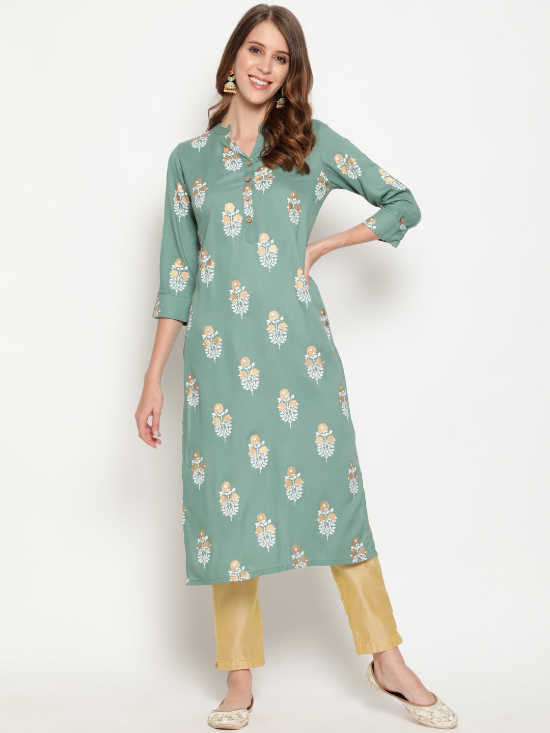 

antaran Women Green Floral Printed Floral Kurta