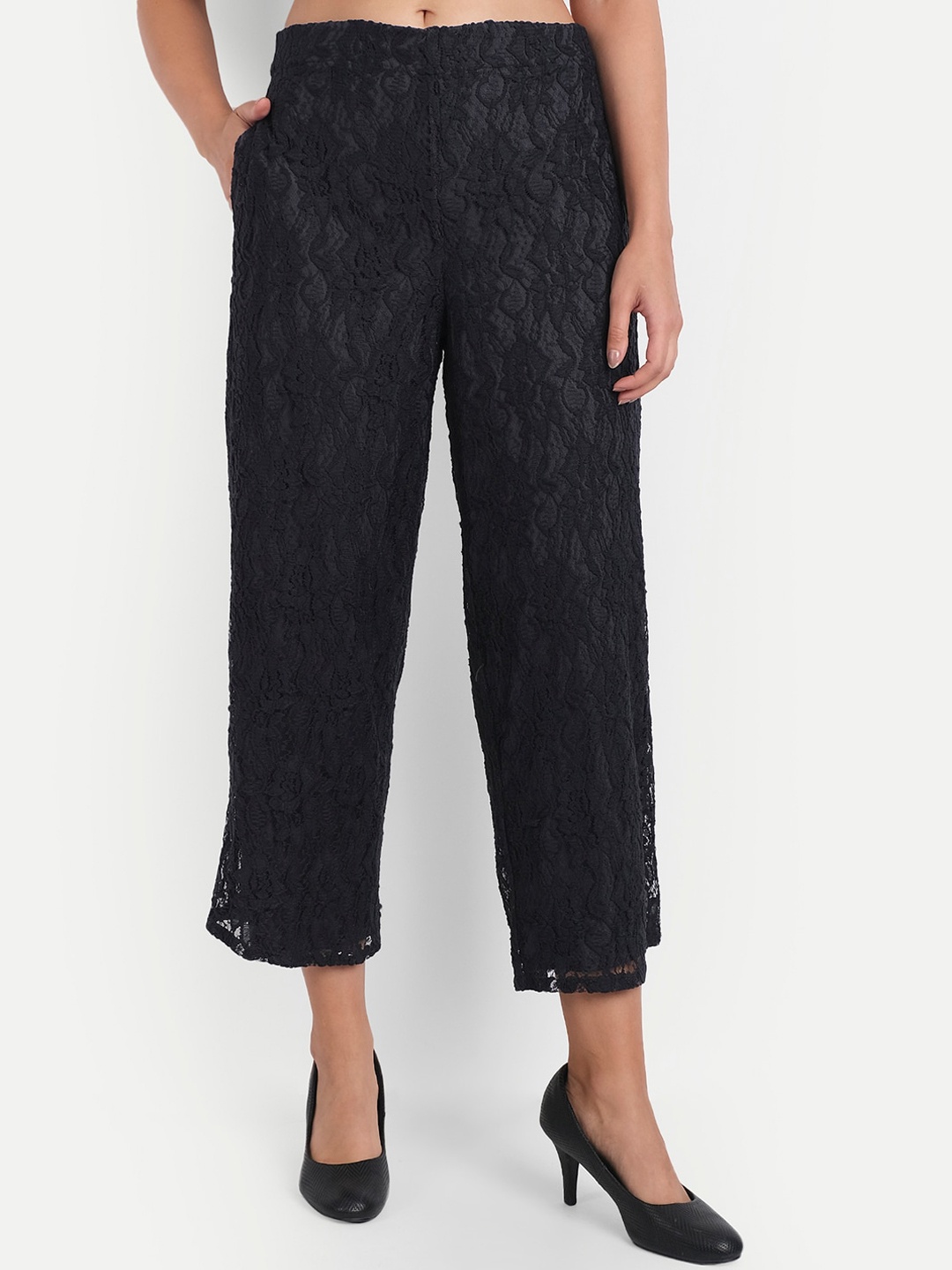 

LY2 Women Navy Blue Floral Lace Relaxed Easy Wash Trousers