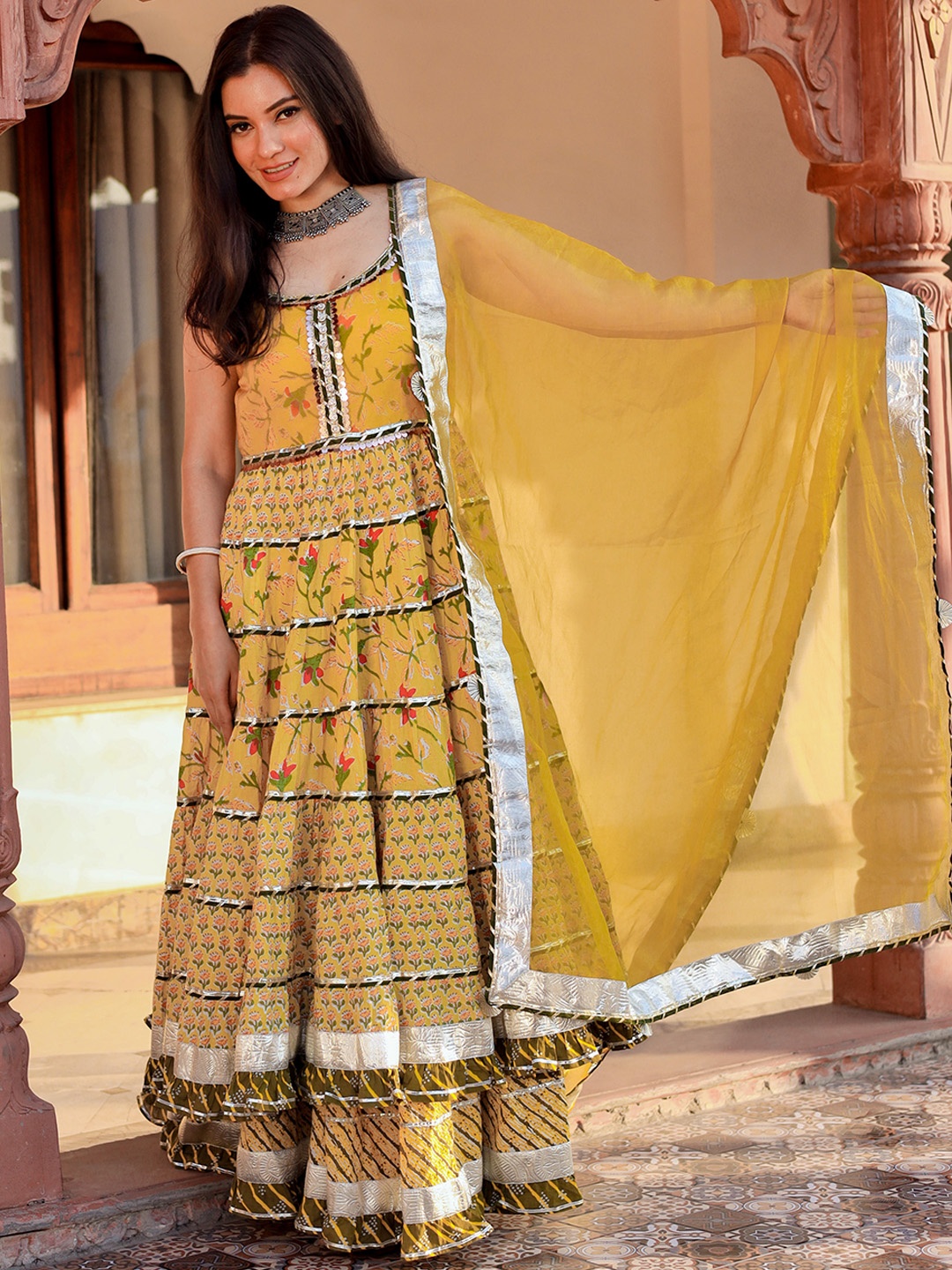 

Divena Women Yellow Floral Embroidered Pure Cotton Kurta with Skirt & With Dupatta