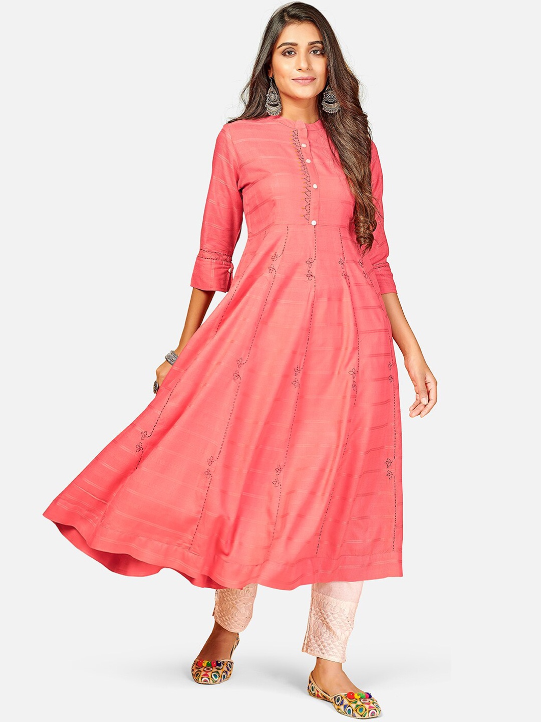 

Vbuyz Women Pink Striped Thread Work Anarkali Kurta