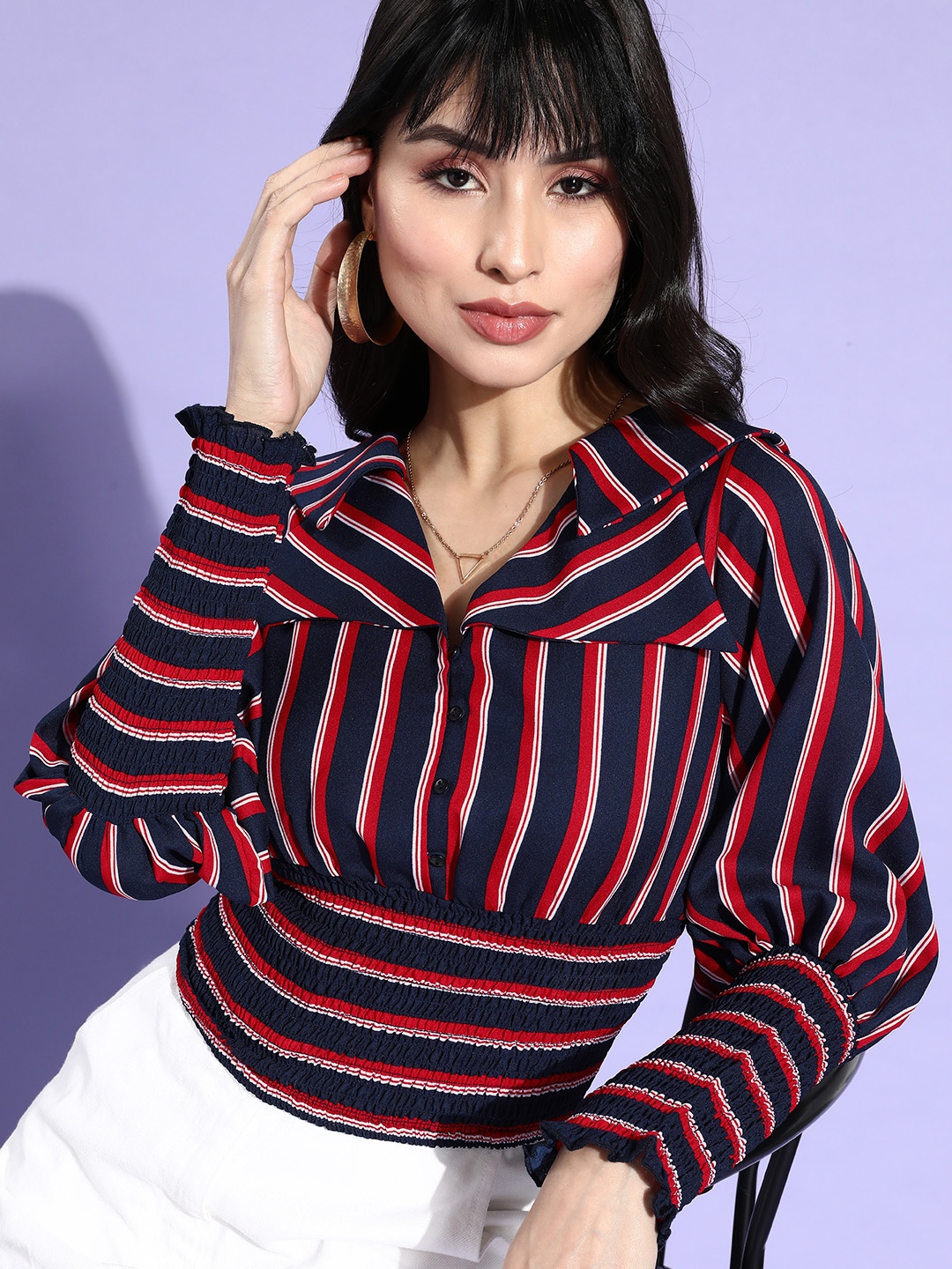 

Antheaa Women Blue Vertical Striped Cinched Waist Top
