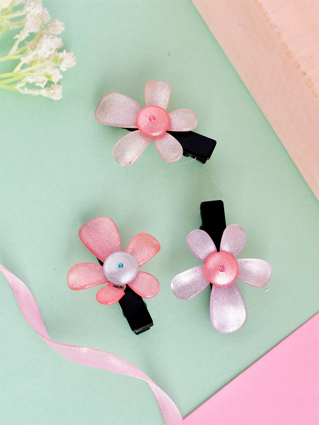 

Silvermerc Designs Girls Pink & Black Set of 3 Embellished Alligator Hair Clip