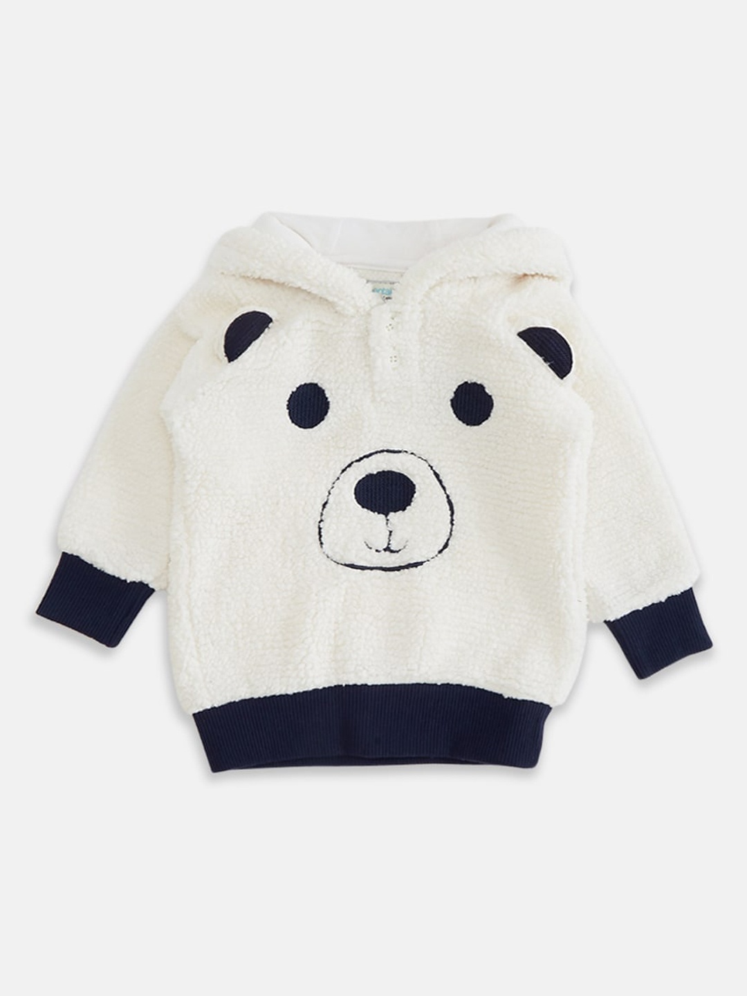 

Pantaloons Baby Boys Cream-Coloured & Navy Blue Printed Hooded Sweatshirt