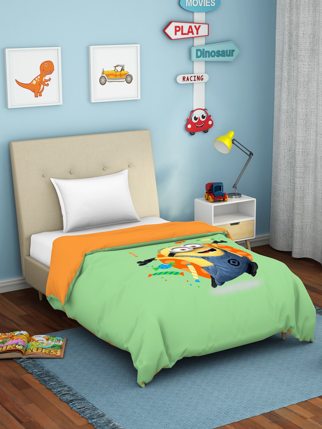 

SPACES Green & Orange Cartoon Characters Pure Cotton AC Room Single Bed Dohar