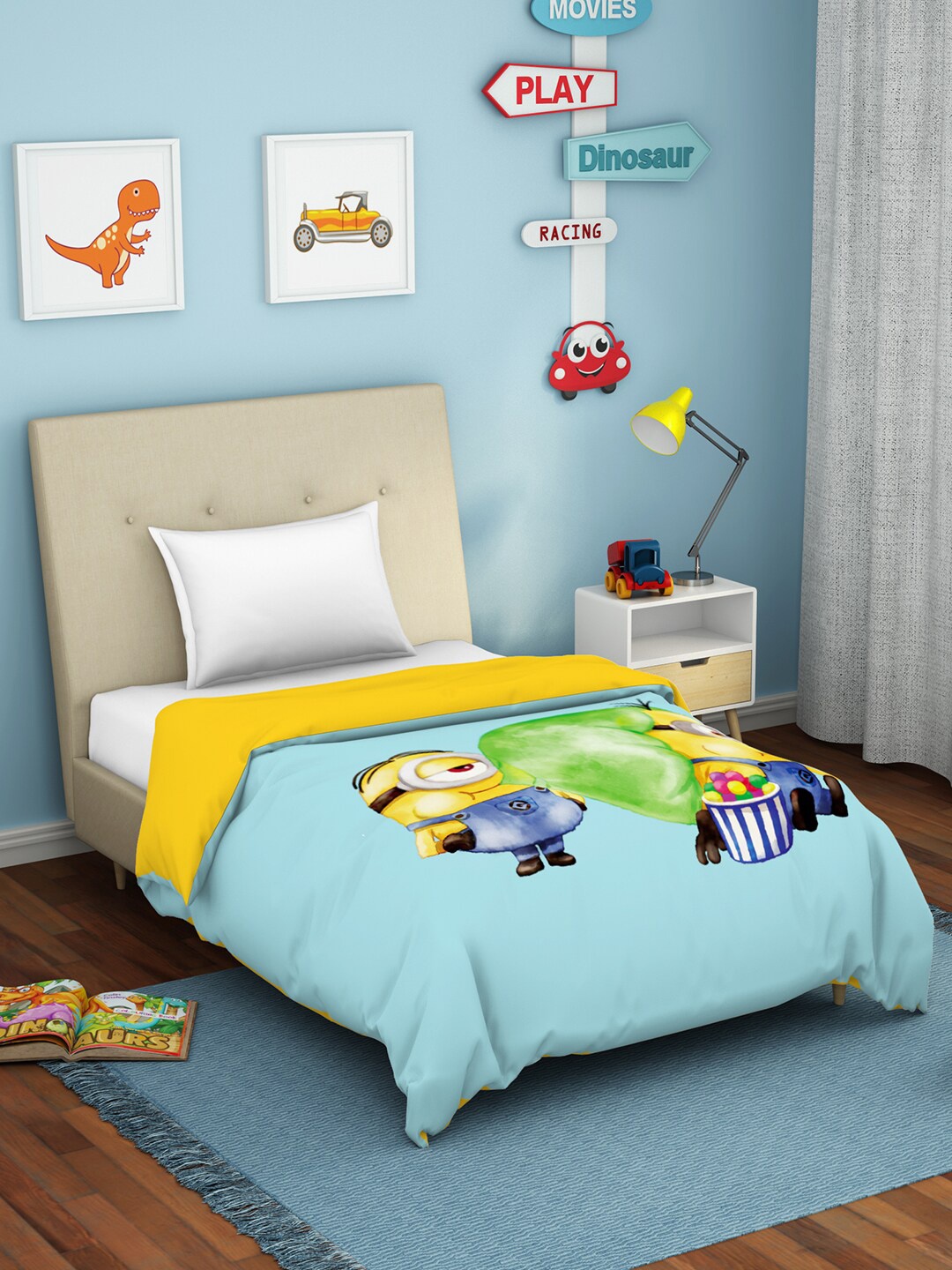 

SPACES Blue & Yellow Minions AC Room Pure Cotton Stain release Skin Safe Single Bed Dohar