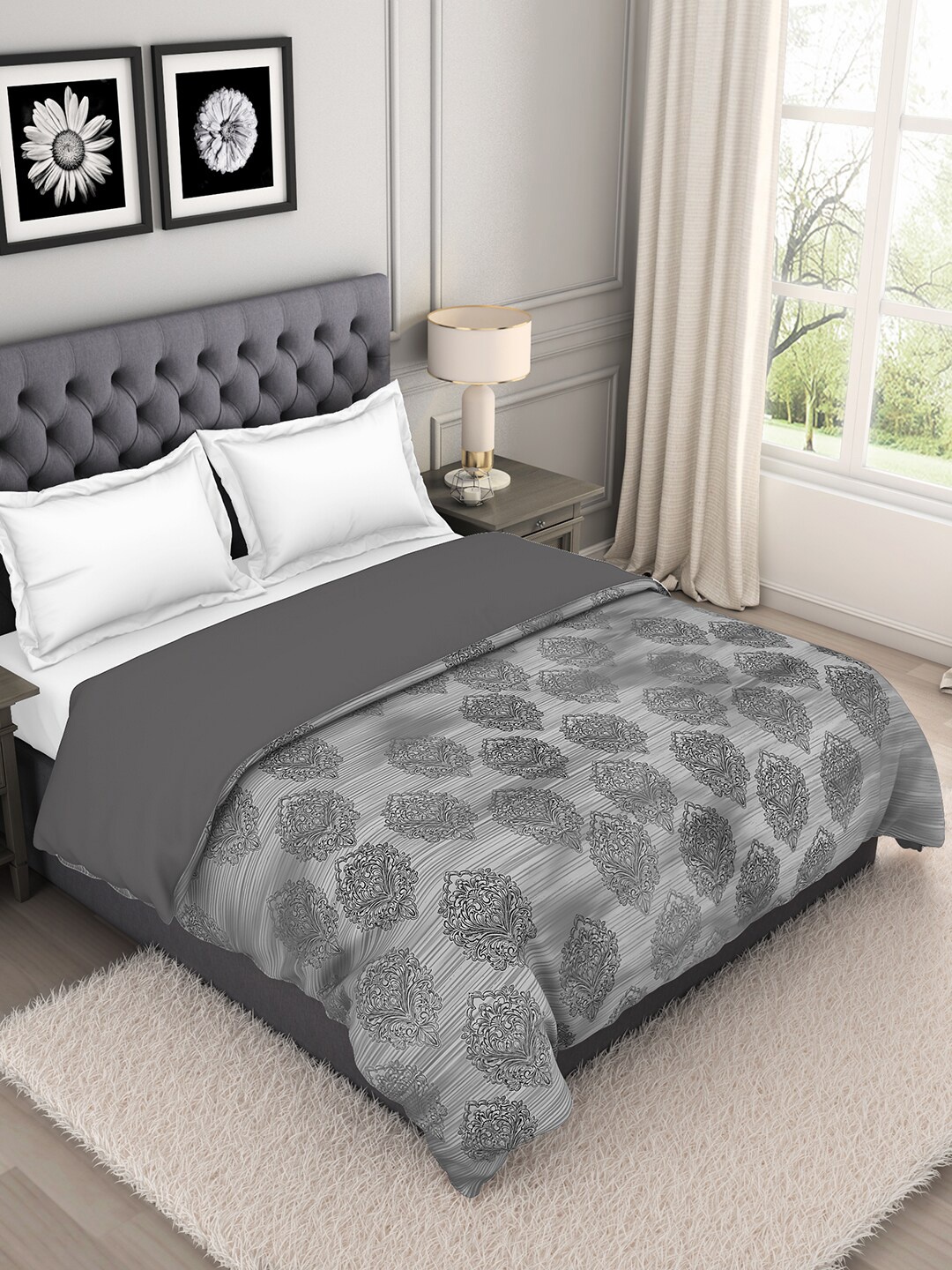 

SPACES Grey Ethnic Motifs AC Room 210 GSM Double Bed Quilt