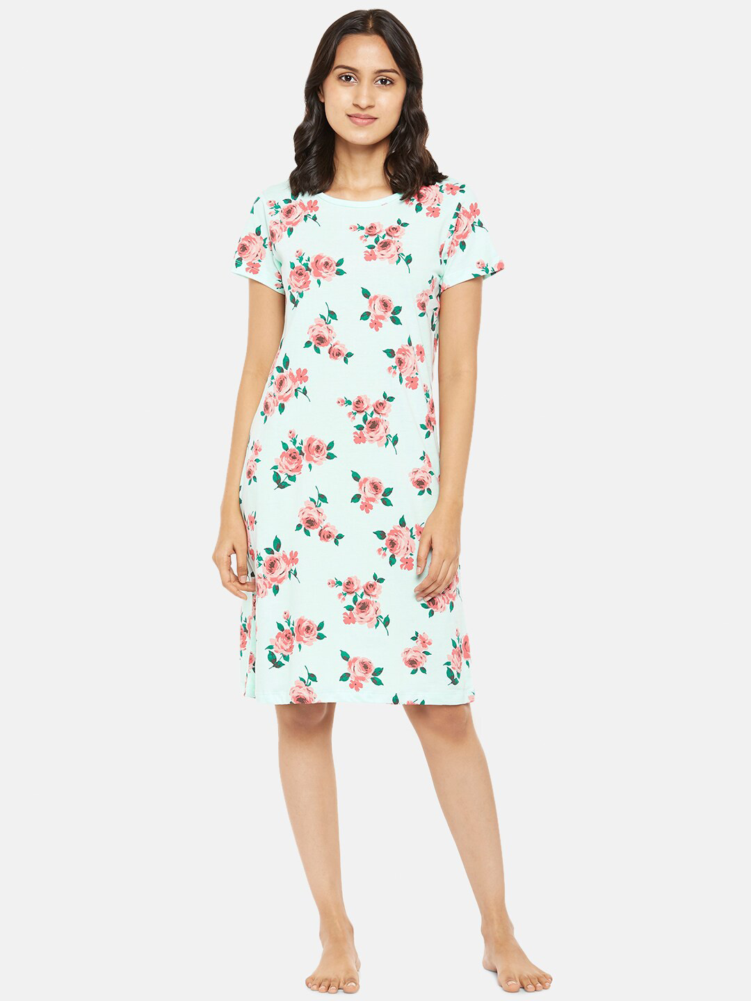 

Dreamz by Pantaloons Blue & Pink Floral Printed T-shirt Nightdress