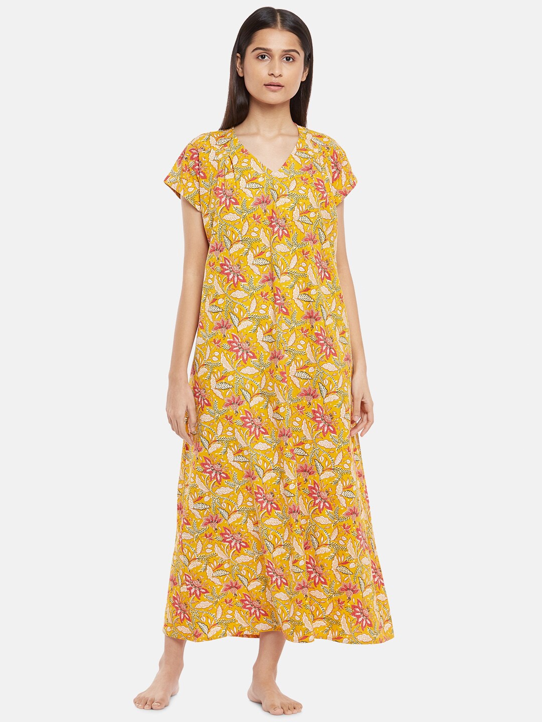 

RANGMANCH BY PANTALOONS Mustard Printed Pure Cotton Maxi Nightdress