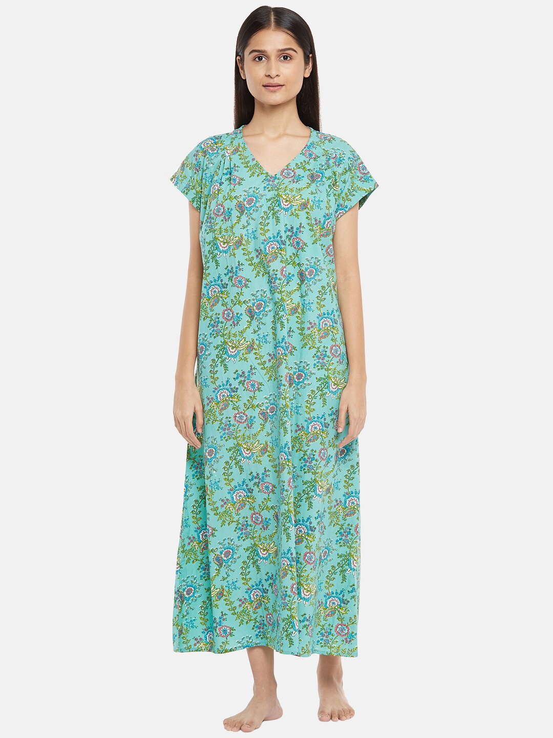 

RANGMANCH BY PANTALOONS Turquoise Blue Printed Maxi Nightdress