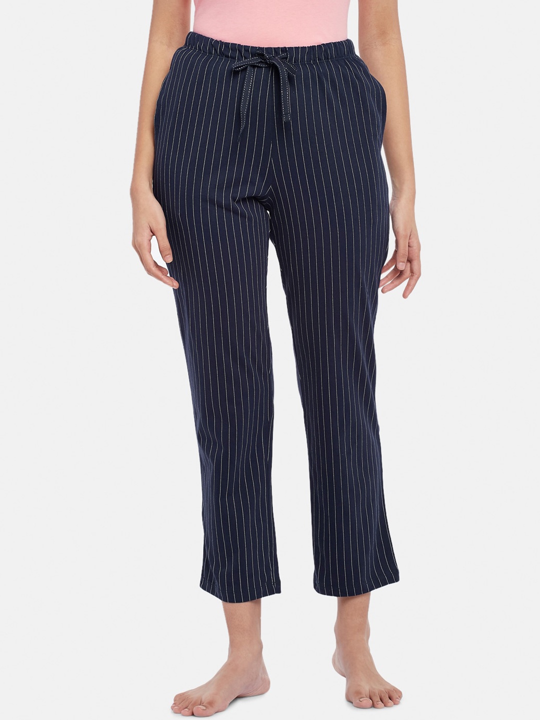 

Dreamz by Pantaloons Women Navy Blue & White Striped Cropped Cotton Lounge Pants