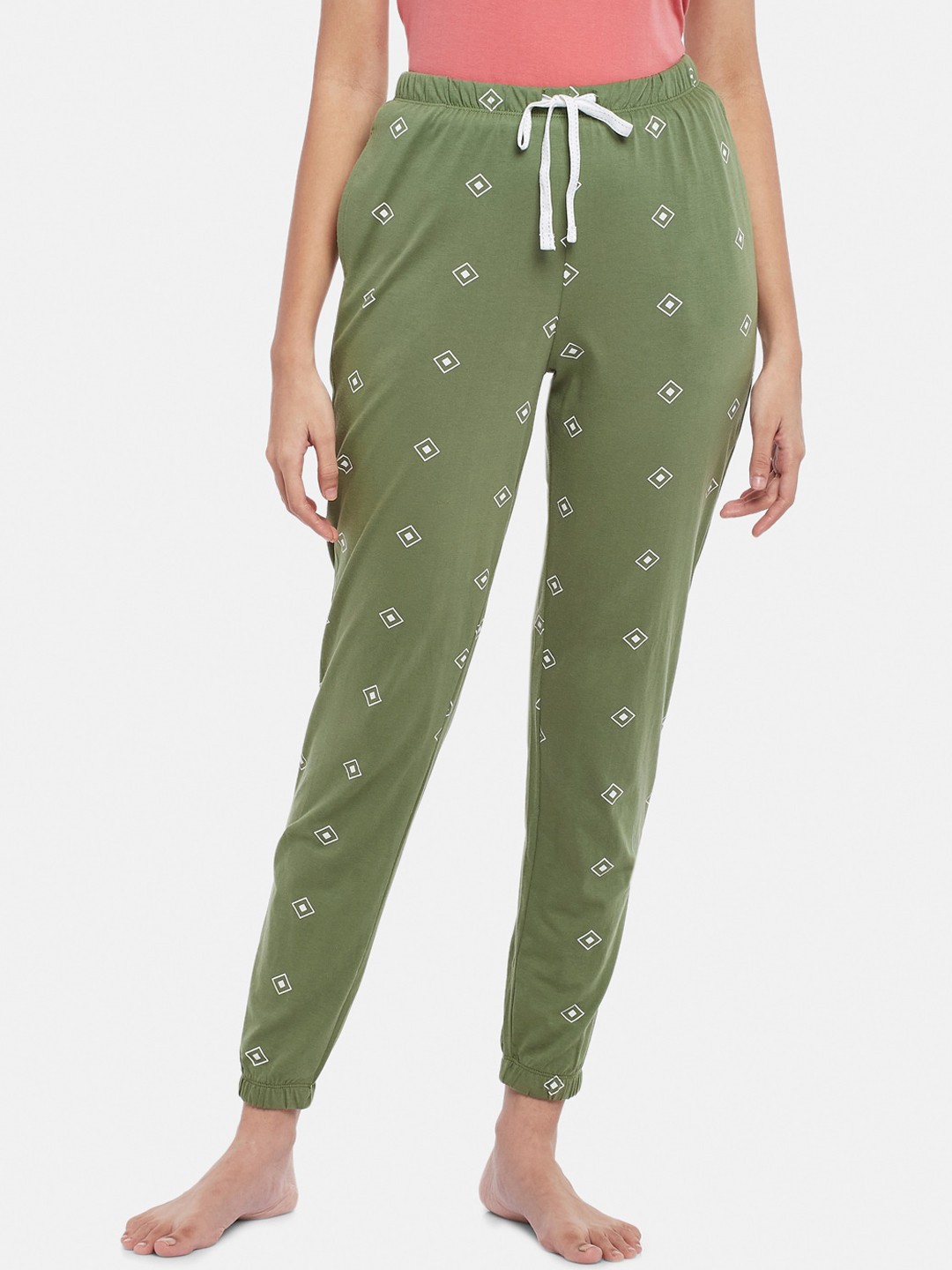 

Dreamz by Pantaloons Women Olive & White Printed Pure Cotton Lounge Pants