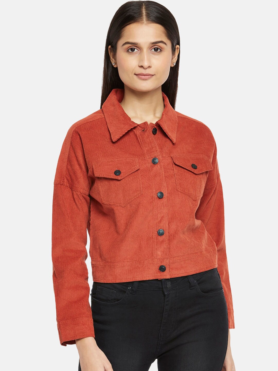 

People Women Brown Drop-Shoulder Sleeves Pure Cotton Crop Tailored Jacket