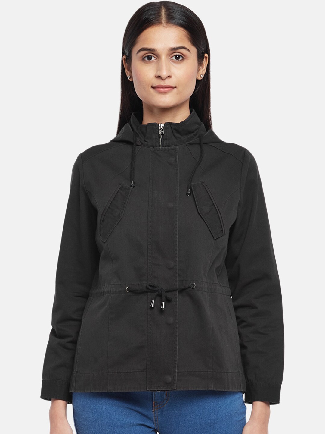 

People Women Black Solid Pure Cotton Tailored Jacket