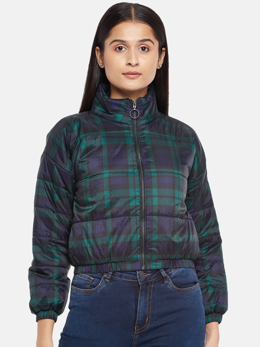 

People Women Blue Checked Bomber Jacket