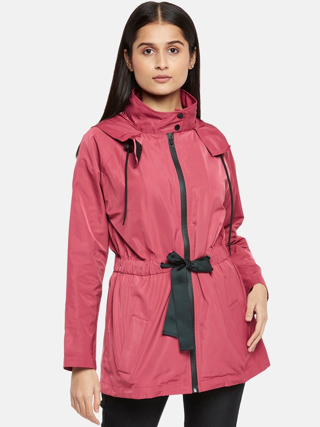 

People Women Pink Solid Longline Hooded Sporty Jacket