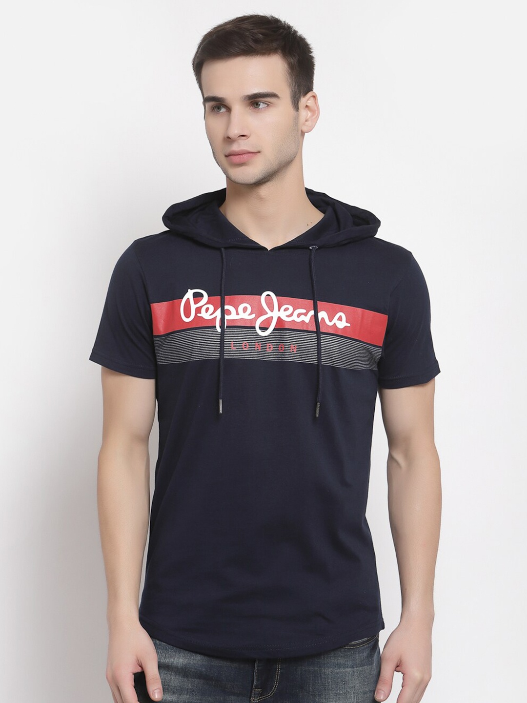 

Pepe Jeans Men Navy Blue & Red Printed Hooded T-shirt