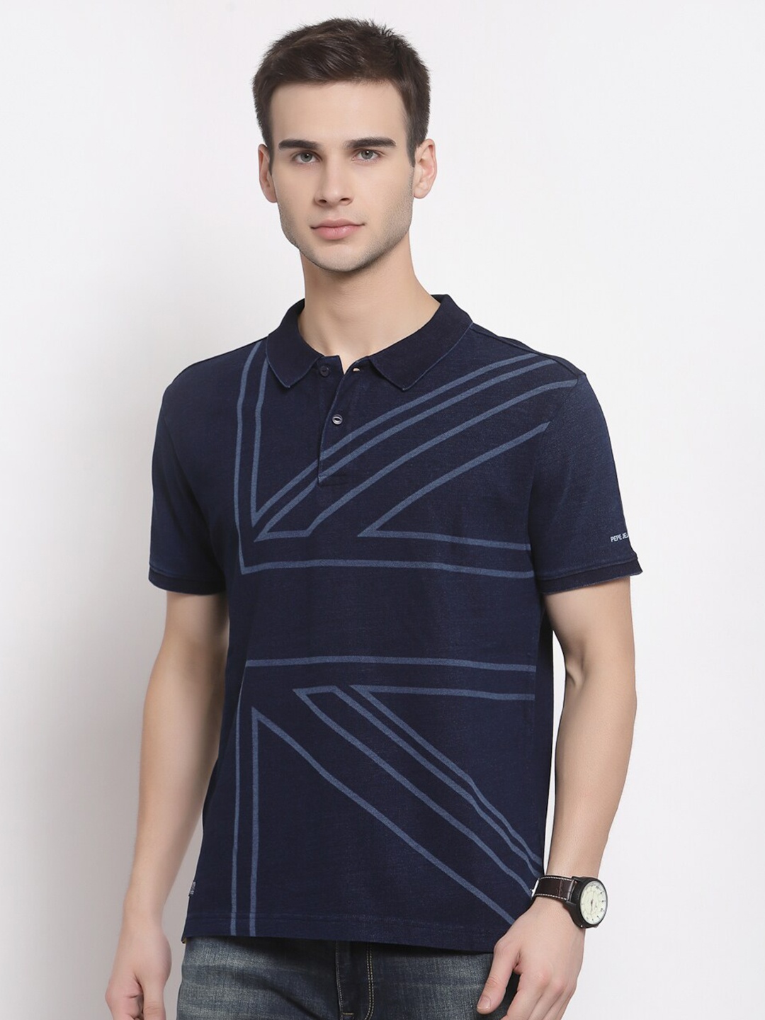 

Pepe Jeans Men Blue Printed Polo Collar T-shirt