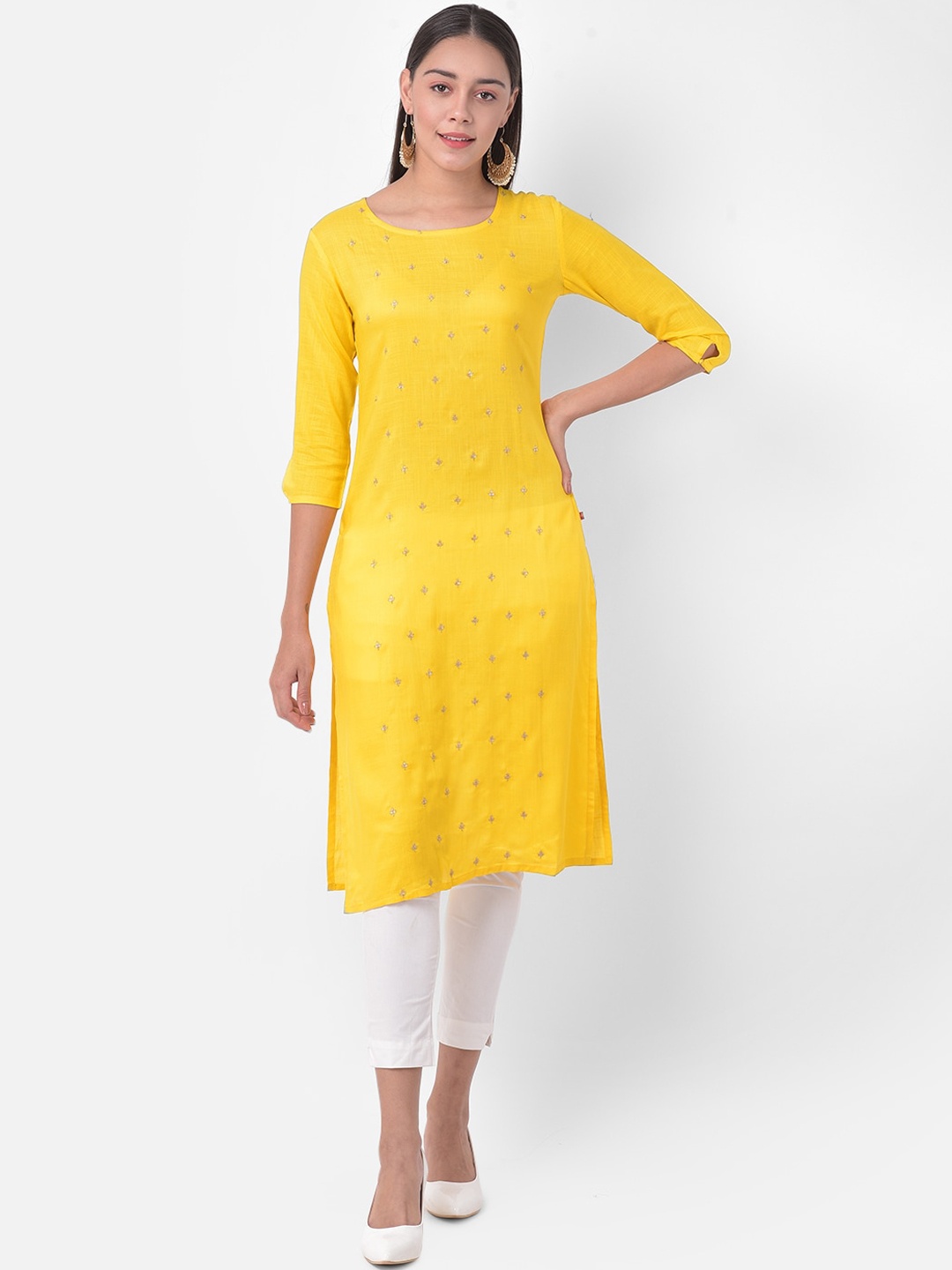 

Span Women Yellow Yellow Embroidered Straight Kurta
