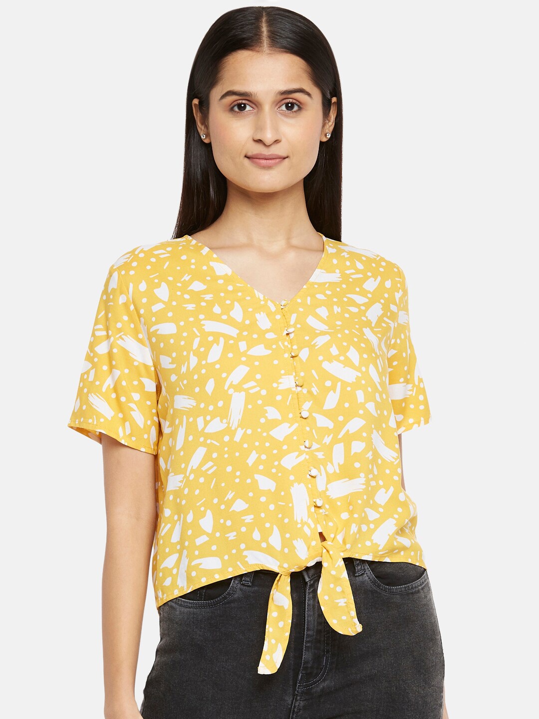 

People Mustard Yellow Floral Regular Top