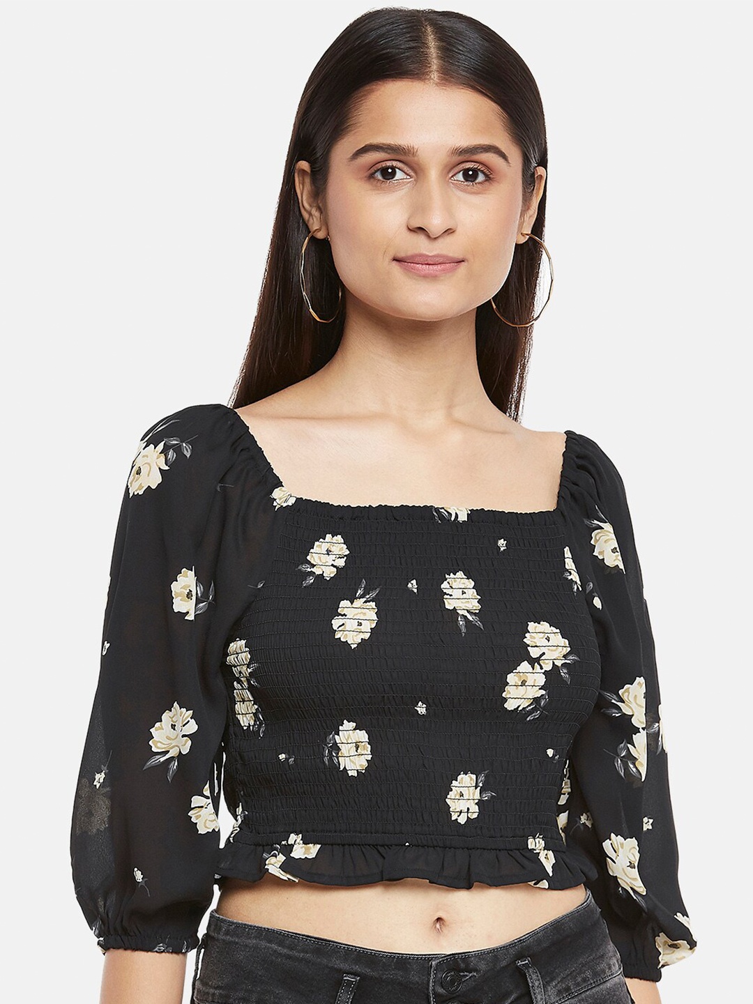 

People Black Floral Smocked Crop Top