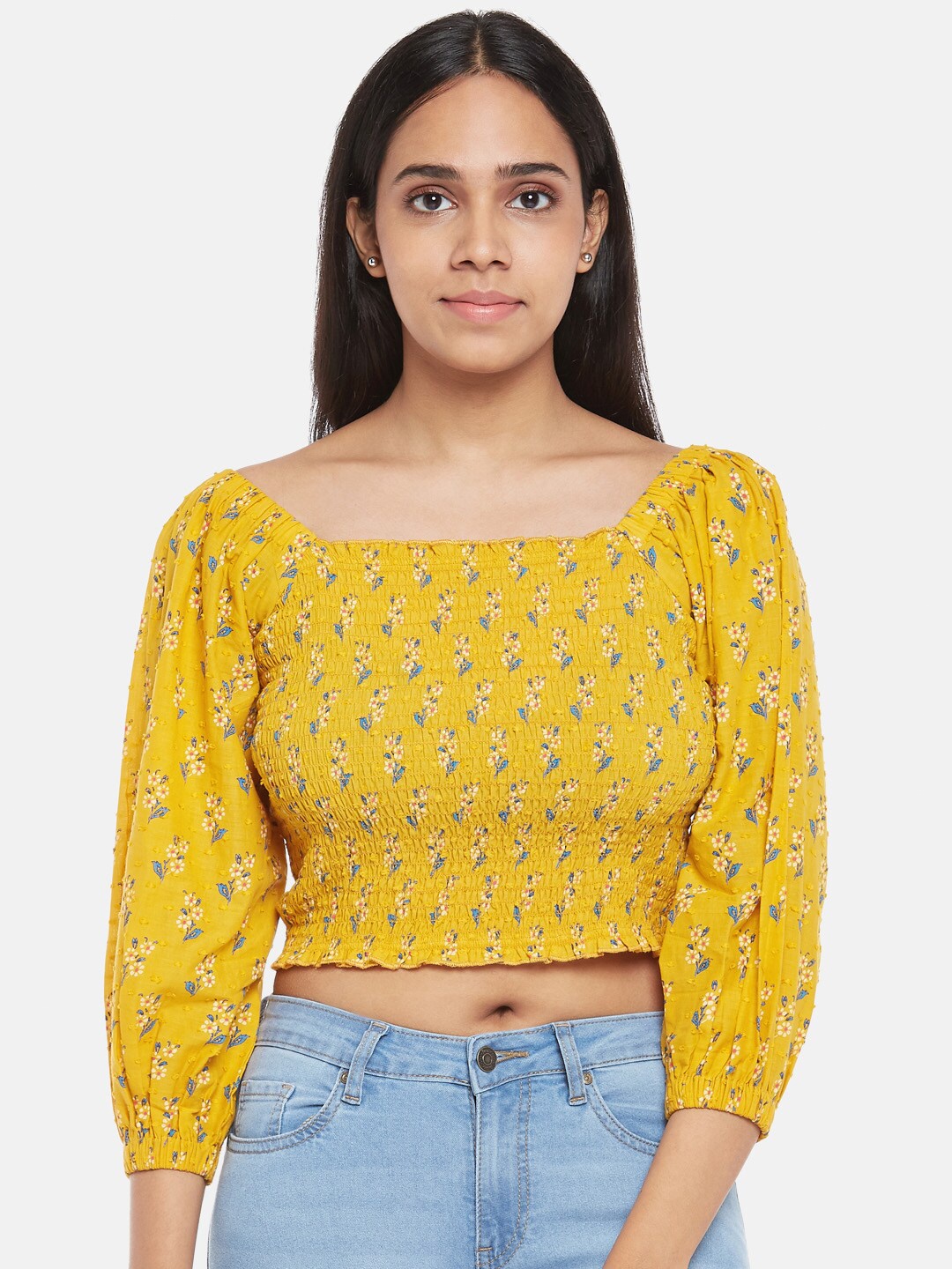 

People Mustard Yellow & Blue Floral Smocked Blouson Crop Top