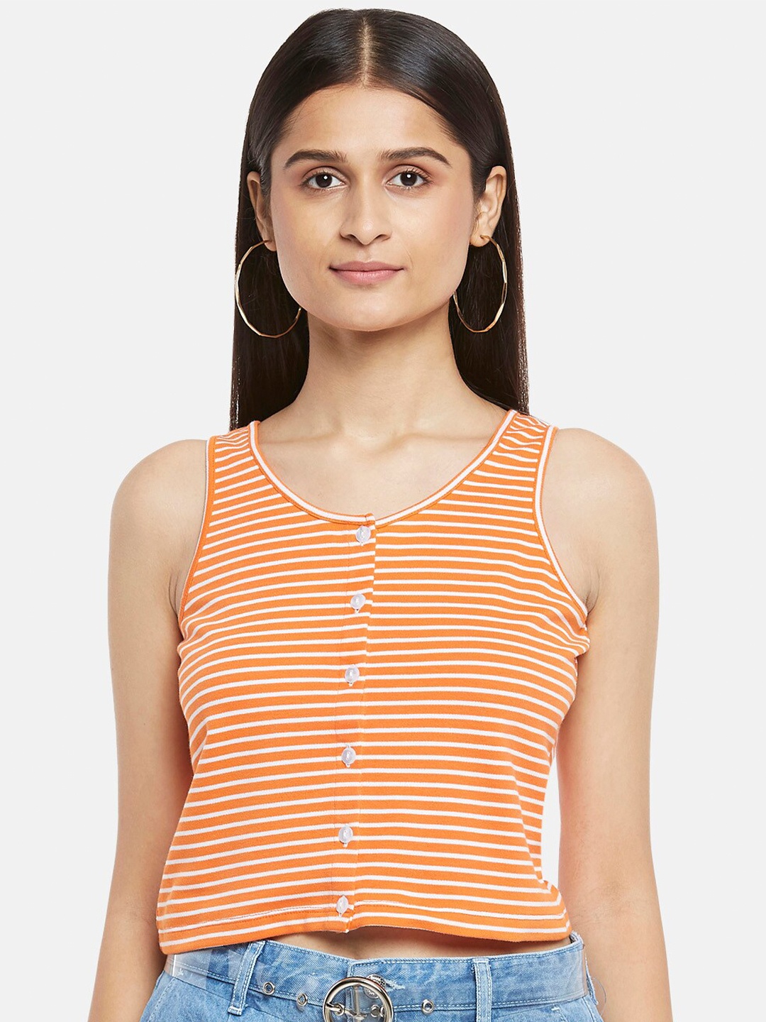 

People Orange & White Striped Cotton Regular Top
