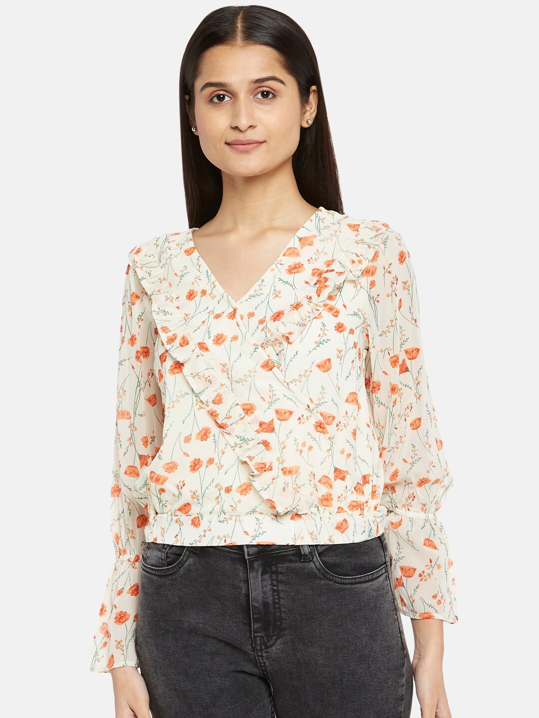 

People Cream-Coloured & Orange Floral Wrap Top
