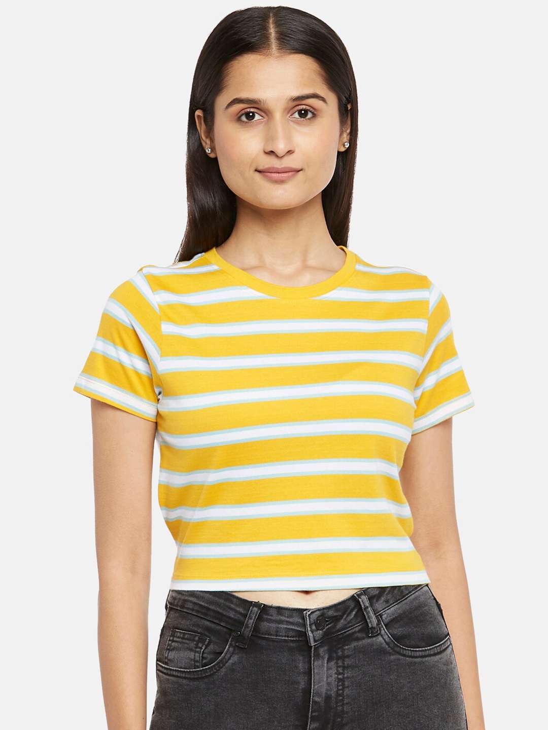 

People Mustard Yellow Striped Regular Cotton Crop Top