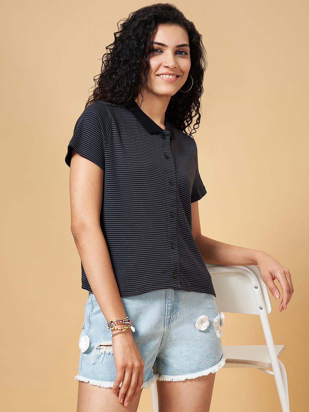 

People Black Cotton Shirt Style Top